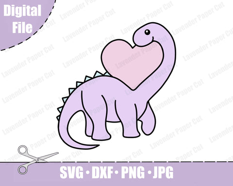 Dinosaur Love Heart SVG, Dinosaurs for Girls, Cute Dinosaur, Pink Dinosaurs Party PNG, Layered SVG File for Cricut, Silhouette, Kawaii Dino SVG Lavender Paper Cut 