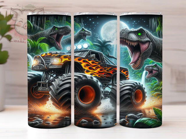 Dinosaur Monster Truck 20oz Tumbler Wrap, Kids Dino Truck, Prehistoric Off-Road Cup, Fun Jurassic Vehicle Wrap, Roaring T-Rex Design, Boys Truck Gift, Sublimation Tumbler Wrap Sublimation Lara' s Designs 
