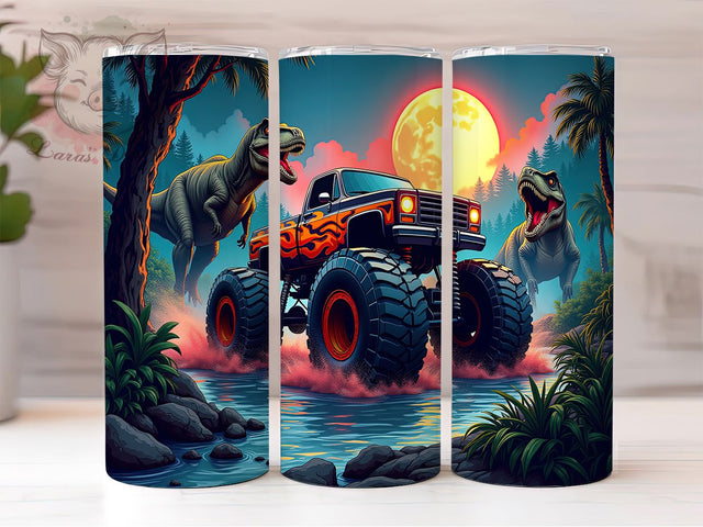 Dinosaur Monster Truck 20oz Tumbler Wrap, Kids Dino Truck, Prehistoric Off-Road Cup, Fun Jurassic Vehicle Wrap, Roaring T-Rex Design, Boys Truck Gift, Sublimation Tumbler Wrap Sublimation Lara' s Designs 