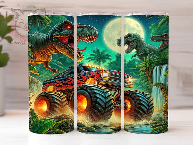 Dinosaur Monster Truck 20oz Tumbler Wrap, Kids Dino Truck, Prehistoric Off-Road Cup, Fun Jurassic Vehicle Wrap, Roaring T-Rex Design, Boys Truck Gift, Sublimation Tumbler Wrap Sublimation Lara' s Designs 