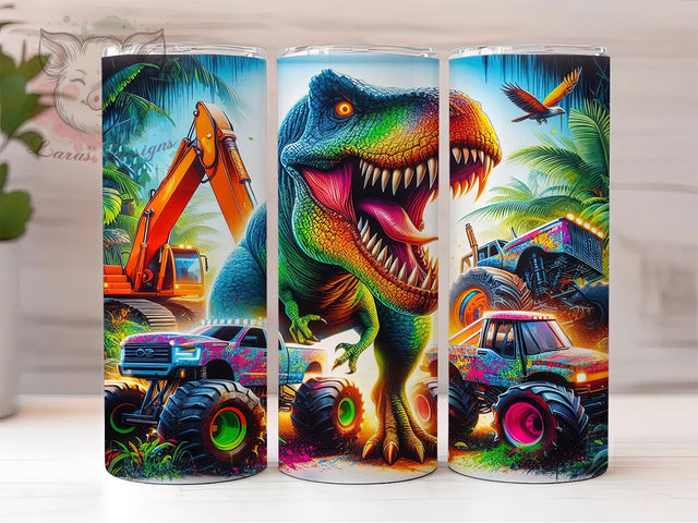 Dinosaur Monster Truck T-Rex Tumbler, T-Rex Truck Wrap, 20oz Tumbler Sublimation, Jurassic Off-Road Design, Kids Dino Truck Tumbler, Trucky Dino Adventure, Fun Boys Tumbler Sublimation Lara' s Designs 
