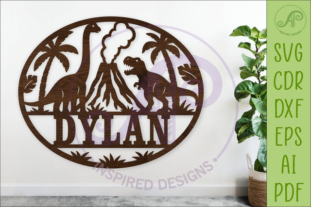 Dinosaur Name Sign SVG, Round Nursery Wall Decor Laser Cut SVG APInspireddesigns 