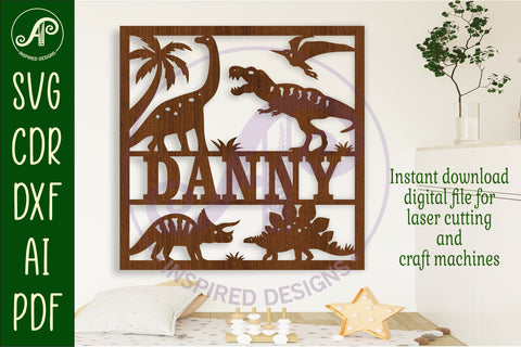 Dinosaur square named wall sign or card topper svg laser cut SVG APInspireddesigns 