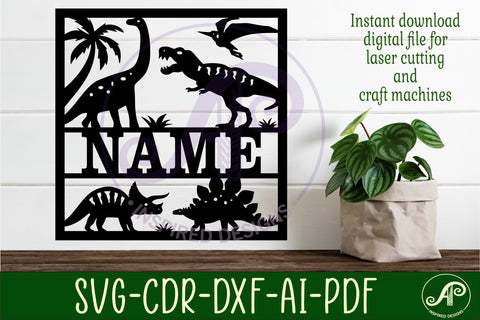 Dinosaur square named wall sign or card topper svg laser cut SVG APInspireddesigns 