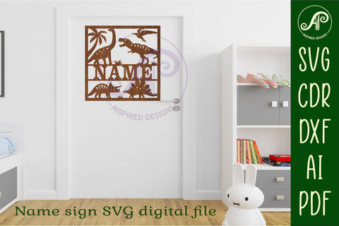 Dinosaur square named wall sign or card topper svg laser cut SVG APInspireddesigns 