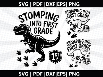 Dinosaur Stomping School Theme FIRST GRADE SVG SVG Johan Ru designs 
