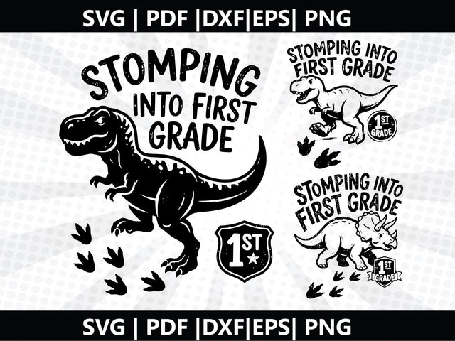 Dinosaur Stomping School Theme FIRST GRADE SVG SVG Johan Ru designs 