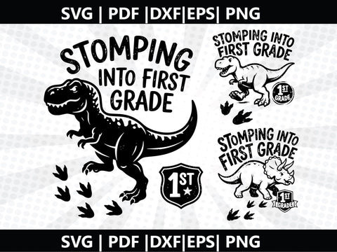 Dinosaur Stomping School Theme FIRST GRADE SVG SVG Johan Ru designs 
