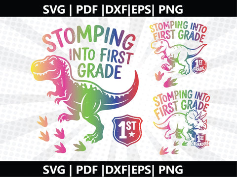 Dinosaur Stomping School Theme FIRST GRADE SVG SVG Johan Ru designs 