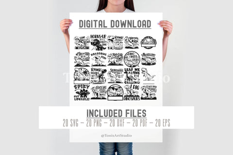 Dinosaur SVG Bundle | Funny T-Rex, Velociraptor, Triceratops, Kids Dinosaur Quotes, Digital Download for Cricut, Silhouette, PNG, DXF SVG TonisArtStudio 