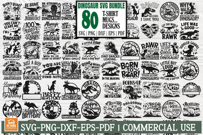 Dinosaur SVG Bundle, Kids Dinosaur Svg, Funny Dino Quotes, 80 T-Shirt Designs SVG TonisArtStudio 