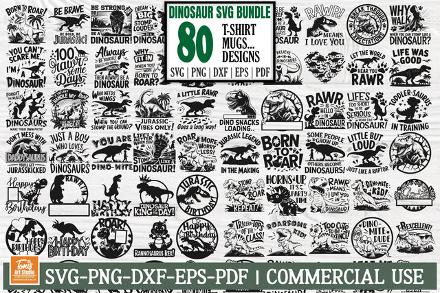 Dinosaur SVG Bundle, Kids Dinosaur Svg, Funny Dino Quotes, 80 T-Shirt Designs SVG TonisArtStudio 