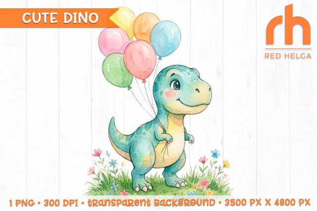 Dinosaur with Balloons Watercolor Clipart PNG, Nursery Art SVG RedHelgaArt 