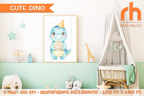 Dinosaur with Cake Watercolor Clipart PNG, Nursery Art, Baby Shower Decor SVG RedHelgaArt 