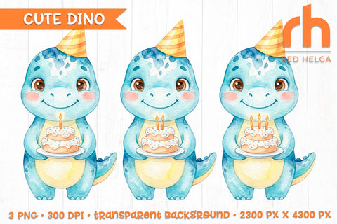 Dinosaur with Cake Watercolor Clipart PNG, Nursery Art, Baby Shower Decor SVG RedHelgaArt 