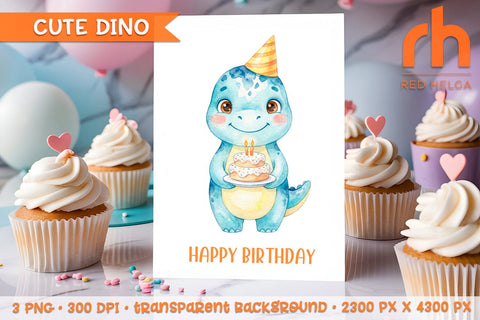 Dinosaur with Cake Watercolor Clipart PNG, Nursery Art, Baby Shower Decor SVG RedHelgaArt 