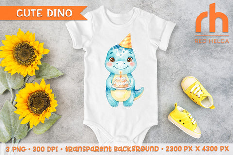 Dinosaur with Cake Watercolor Clipart PNG, Nursery Art, Baby Shower Decor SVG RedHelgaArt 