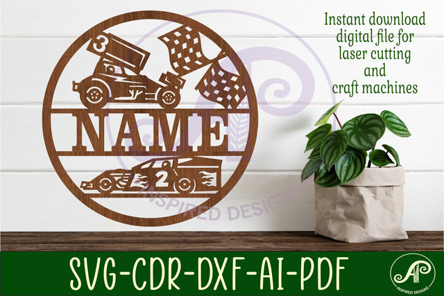 Dirt Racing cars name sign svg laser cut template SVG APInspireddesigns 