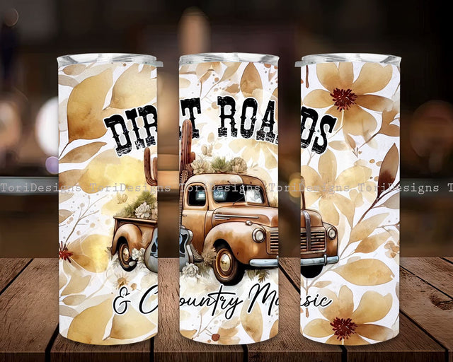 Dirt Roads and Country Music Seamless Tumbler Wrap PNG Seamless Sublimation Designs Downloads, Country Music Skinny 20oz Design Sublimation ToriDesigns 