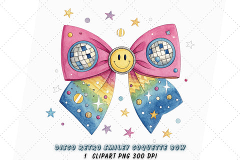Disco Retro Smiley Coquette Bow Clipart, disco retro bow, smiley coquette bow, glitter bow design, retro smiley clipart, digital bow design, party disco bow, smiley bow art, disco vintage design Sublimation FloridPrintables 