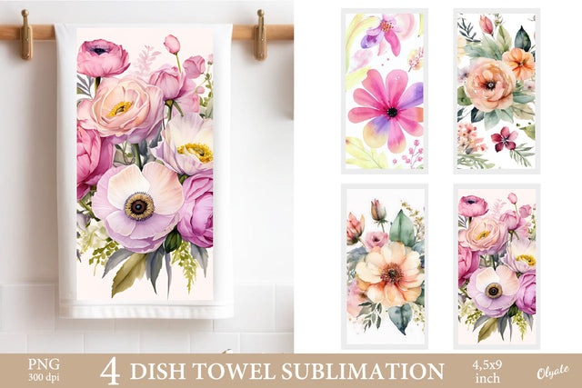 Dish Towel Watercolor Flower PNG. Kitchen Towel PNG Sublimation Olga Terlyanskaya 