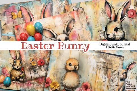 Distressed Easter Bunny Digital Junk Journal Double Pages | Whimsy Spring Chick Digital Pattern Fine Purple Elephant Creations 