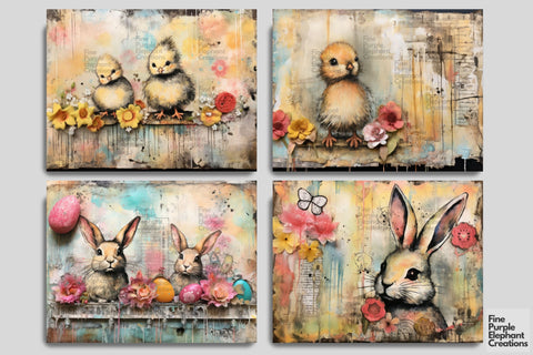 Distressed Easter Bunny Digital Junk Journal Double Pages | Whimsy Spring Chick Digital Pattern Fine Purple Elephant Creations 