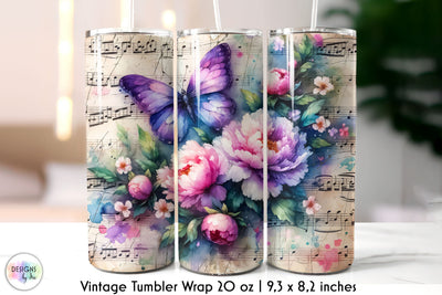 Distressed Music Sheet with Butterfly Tumbler Wrap Sublimation Designs by Ira 