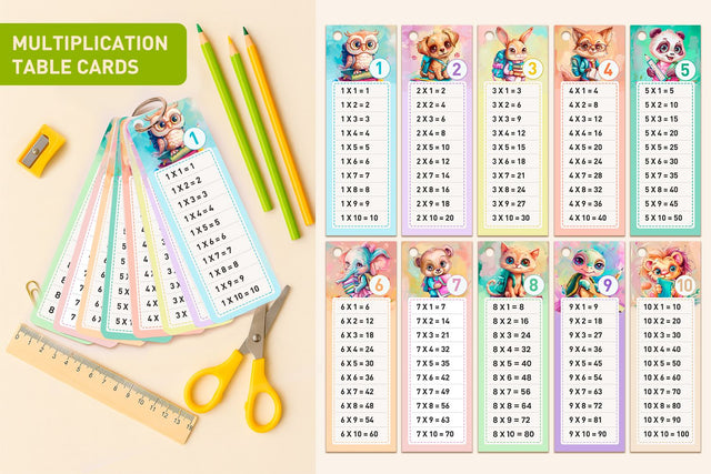 DIY Multiplication Table Cards – Cute Animals SVG KMarinaDesign 