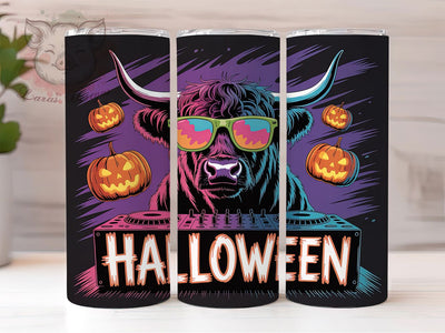 DJ Highland Cow Halloween Tumbler, Halloween Music Wrap, 20Oz Sublimation, Highland Cow Cup Design, Spooky Farm Drinkware, Costume Party Tumbler, Barnyard Halloween Print Sublimation Lara' s Designs 