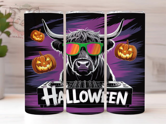 DJ Highland Cow Halloween Tumbler, Halloween Music Wrap, 20Oz Sublimation, Highland Cow Cup Design, Spooky Farm Drinkware, Costume Party Tumbler, Barnyard Halloween Print Sublimation Lara' s Designs 