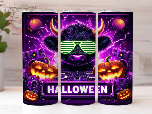 DJ Highland Cow Halloween Tumbler, Halloween Music Wrap, 20Oz Sublimation, Highland Cow Cup Design, Spooky Farm Drinkware, Costume Party Tumbler, Barnyard Halloween Print Sublimation Lara' s Designs 