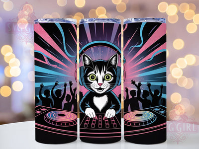 DJ Music Cat Tumbler, Music Cat Wrap, Party Cat Cup, 20oz Sublimation Wrap, Stylish DJ Design Tumbler, Artistic Cat Music Cup, Funky Disco Theme Wrap Sublimation SvggirlplusArt 