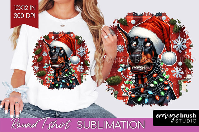 Doberman Christmas Dog Round Tshirt PNG Sublimation OrangeBrushStudio 