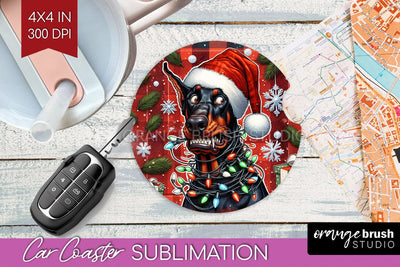 Doberman Funny Christmas Dog Car Coaster Sublimation OrangeBrushStudio 