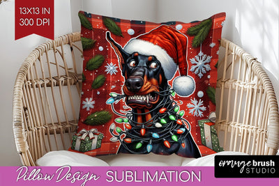 Doberman Funny Christmas Dog Pillow Cover Sublimation OrangeBrushStudio 