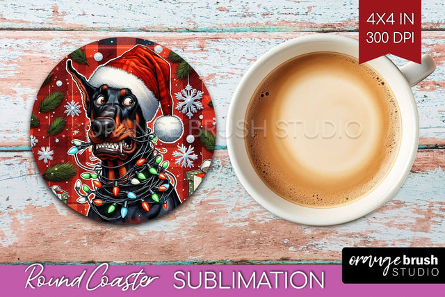 Doberman Funny Christmas Dog Round Coaster Sublimation OrangeBrushStudio 