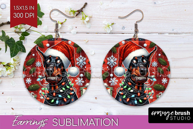 Doberman Funny Christmas Dog Round Earrings Sublimation OrangeBrushStudio 