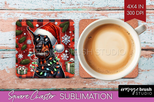 Doberman Funny Christmas Dog Square Coaster Sublimation OrangeBrushStudio 