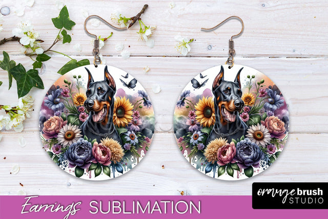 Doberman Pinscher Earrings - Dog Mom Floral Round Earring Sublimation Sublimation OrangeBrushStudio 