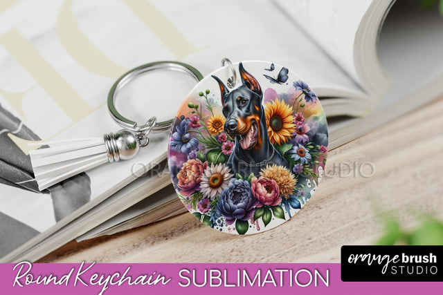 Doberman Pinscher Keychain - Dog mom Floral Keychain Sublimation Design Sublimation OrangeBrushStudio 