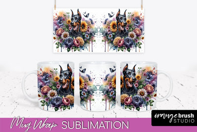 Doberman Pinscher Mug Wrap - Dog Mom Floral Coffee Mug PNG Sublimation Sublimation OrangeBrushStudio 