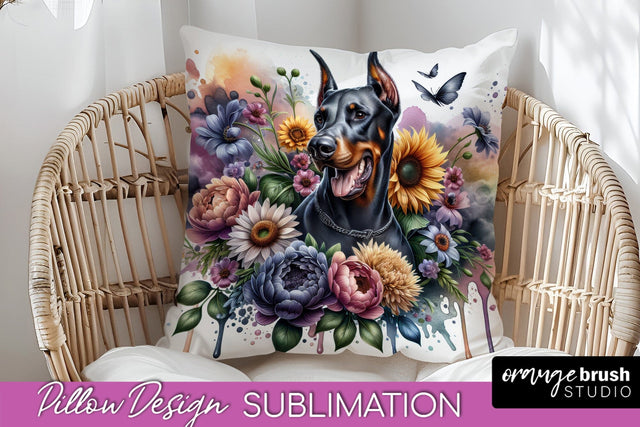 Doberman Pinscher Pillow Cover - Dog Mom Floral Pillow Sublimation Sublimation OrangeBrushStudio 