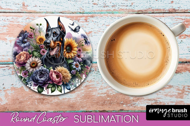 Doberman Pinscher Round Coaster - Dog Mom Floral Coaster Sublimation Sublimation OrangeBrushStudio 