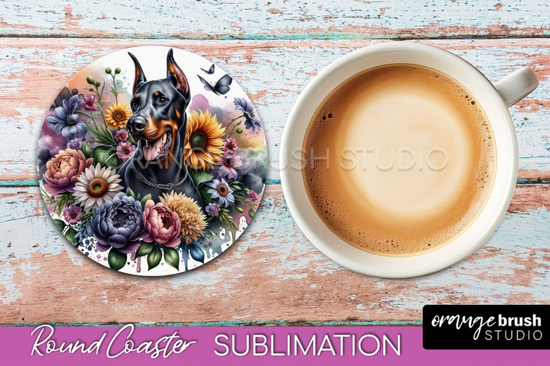 Doberman Pinscher Round Coaster - Dog Mom Floral Coaster Sublimation Sublimation OrangeBrushStudio 