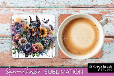 Doberman Pinscher Square Coaster - Dog Mom Floral Coaster Sublimation Sublimation OrangeBrushStudio 