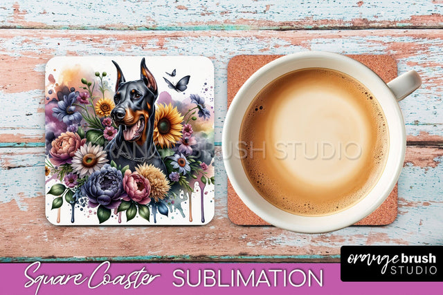 Doberman Pinscher Square Coaster - Dog Mom Floral Coaster Sublimation Sublimation OrangeBrushStudio 
