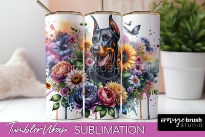 Doberman Pinscher Tumbler Wrap - Dog Mom Floral Tumbler Sublimation Sublimation OrangeBrushStudio 