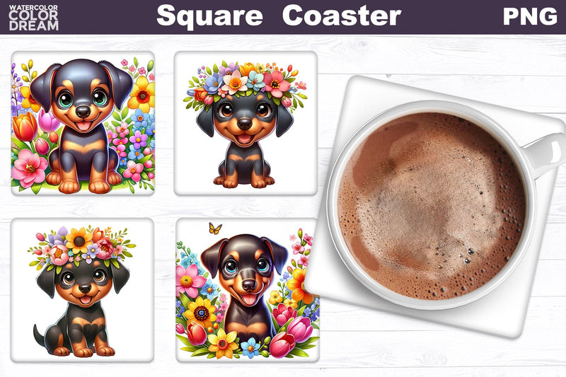 Doberman Square Coaster | Dog Flowers Square Coaster Sublimation WatercolorColorDream 