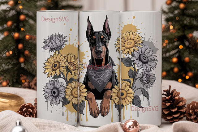 Doberman with Sunflowers 20oz Tumbler Sublimation DesignSVG 